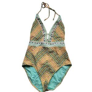 Nanette Lepore Bohemian 1 piece Colorful Swimsuit Beaded Size L Beach Pool Party